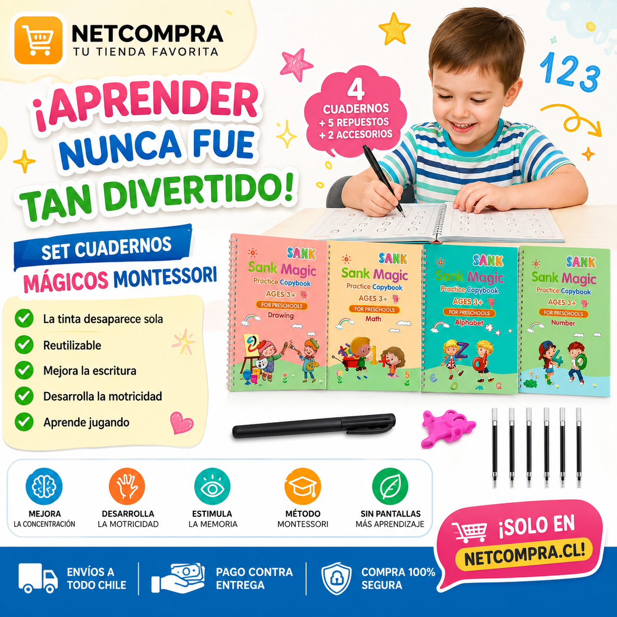 Set de 4 Cuadernos Mágicos Caligrafía Montessori